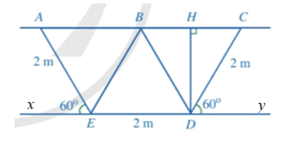 Hình 33a là mặt cắt đứng phần chứa nước của một con mương (Hình 32) khi đầy nước có dạng hình thang cân. Người ta mô tả lại bằng hình học mặt cắt đứng của con mương đó ở Hình 33b với BD // AE (B thuộc AC), H là hình chiếu của D trên đường thẳng AC.      a) Chứng minh các tam giác BCD, BDE, ABE là các tam giác đều.  (ảnh 2)