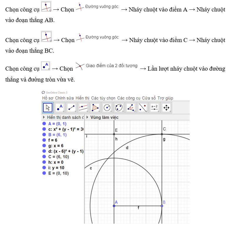 a) Em hãy trình bày các bước dùng phần mềm GeoGebra để vẽ hình chữ nhật ABCD có AB = 6 cm, AC = 9 cm. (ảnh 2)