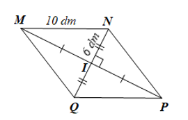 Cho hình thoi MNPQ có I là giao điểm của hai đường chéo.  a) Tính MP khi biết MN = 10 dm, IN = 6 dm.  (ảnh 2)