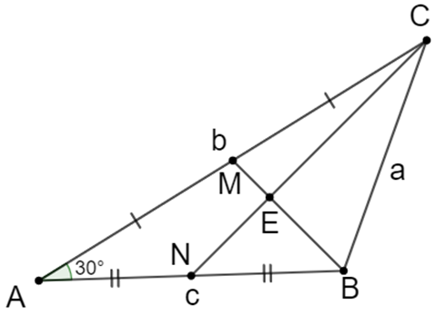 Tam giác ABC có hai đường trung tuyến BM, CN vuông góc với nhau và có BC = 3, góc BAC = 30°. Tính diện tích tam giác ABC. (ảnh 1)