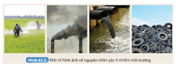Đọc thông tin và quan sát Hình 47.2, chỉ ra một số nguyên nhân gây ô nhiễm môi trường.    (ảnh 1)