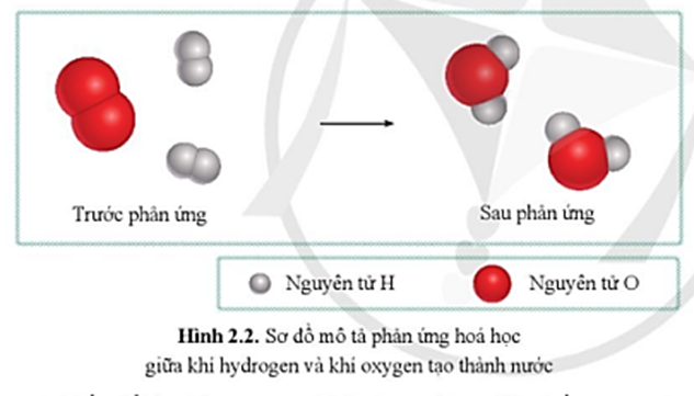 Quan sát sơ đồ hình 2.2, cho biết: a) Trước phản ứng, những nguyên tử nào liên kết với nhau? b) Sau phản ứng, những nguyên tử nào liên kết với nhau? c) So sánh số nguyên tử H và số nguyên tử O trước và sau phản ứng. (ảnh 1)
