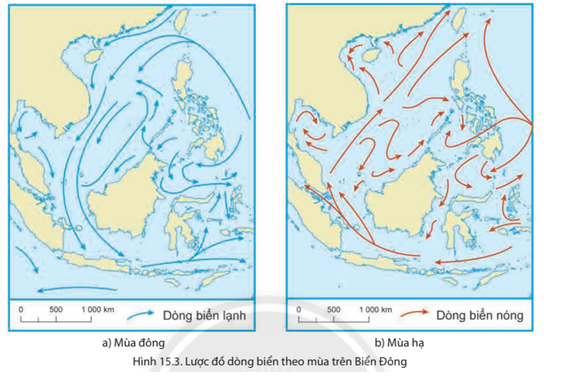 Dựa vào hình 15.3 và thông tin trong bài, em hãy: - Xác định hướng chảy của dòng biển trong vùng biển nước ta.  (ảnh 1)