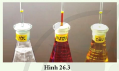 Chuẩn bị Ba bình giống nhau có gắn ống thủy tinh chứa: nước, rượu và dầu; khay. Tiến hành - Điều chỉnh mực chất lỏng trong mỗi bình ngang nhau (đánh dấu vị trí mực chất lỏng ban đầu) (hình 26.3). (ảnh 1)