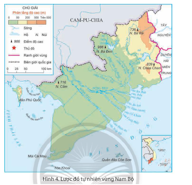 Quan sát hình 4, em hãy xác định vị trí vùng Nam Bộ (ranh giới, tên quốc gia, biển, vịnh và các vùng tiếp giáp) trên lược đồ. (ảnh 1)