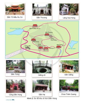 Quan sát hình 2, em hãy xác định một số công trình kiến trúc chính trong khu di tích Đền Hùng. (ảnh 1)