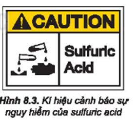 a) Nêu các lưu ý bắt buộc để đảm bảo an toàn khi sử dụng dung dịch sulfuric acid đặc. b) Hãy cho biết ý nghĩa cảnh báo của kí hiệu cảnh báo ở Hình 8.3. (ảnh 1)