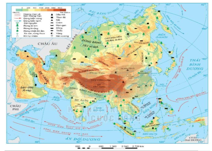 Xác định trên hình 1, sự phân bố của một số loại khoáng sản chính ở châu Á.          (ảnh 1)