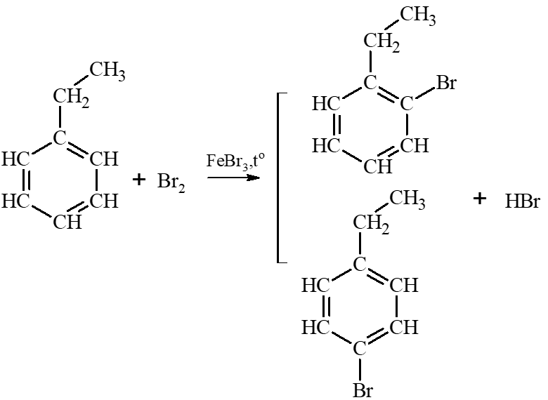 Viết phương trình phản ứng của ethylbenzene với các tác nhân sau: a) Br2/ FeBr3, to. (ảnh 1)