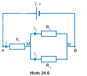 Cho mạch điện như Hình 24.6. Các giá trị điện trở R1 = 3 ôm , R2 = 4 ôm  và R3 = 6 ôm . Suất điện động của nguồn E  = 12 V, điện trở trong của nguồn (ảnh 1)