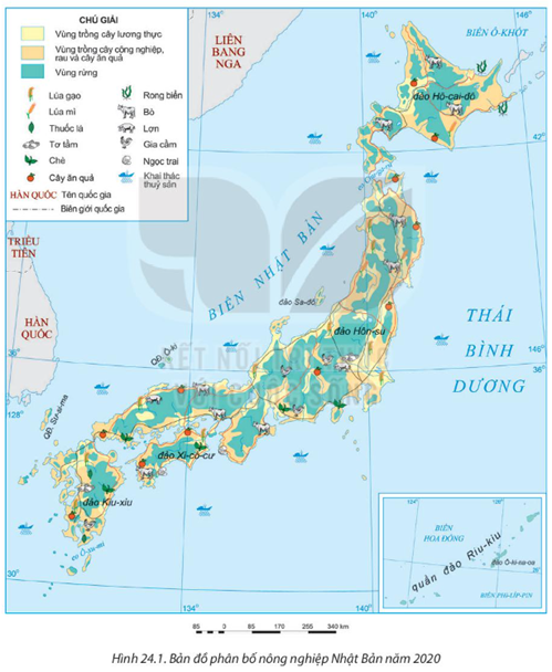 Dựa vào bản đồ phân bố nông nghiệp Nhật Bản, hãy nêu sự phân bố một số sản phẩm  (ảnh 1)
