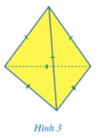 b) Cắt rời theo đường viền (màu đỏ), của hình vừa vẽ (phần tô màu) và gấp lại để được hình chóp tam giác đều như ở Hình 3; (ảnh 1)