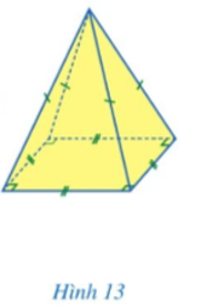 b) Cắt rời theo đường viền (màu đỏ) của hình vừa vẽ (phần tô màu) và gấp lại để được hình chóp tứ giác đều như ở Hình 13;  (ảnh 1)