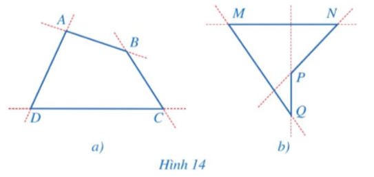 Quan sát các hình 14a, 14b và nêu nhận xét về vị trí của mỗi tứ giác so với đường thẳng chứa một cạnh bất kì của tứ giác đó. (ảnh 1)