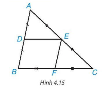 Cho DE là đường trung bình của tam giác ABC (H.4.15).   Sử dụng định lí Thalès đảo (ảnh 1)