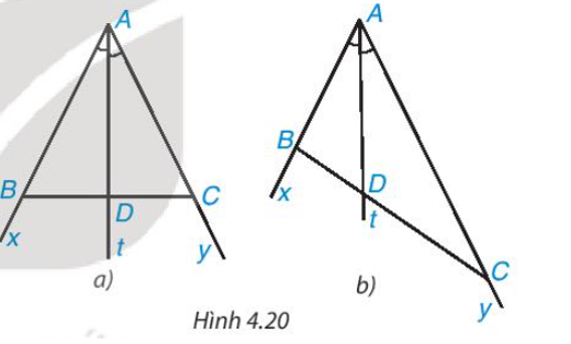 Cho tia phân giác At của góc xAy (H.4.20). Nếu lấy điểm B trên tia Ax, điểm C trên tia Ay (ảnh 1)