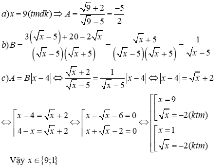 Cho hai biểu thức A = (căn bậc hai x + 2) / (căn bẫ hai x - 5) và B = 3 / (căn bậc hai x (ảnh 1)
