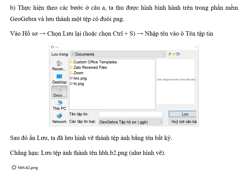 b) Vẽ hình bình hành trên trong phần mềm GeoGebra và lưu thành một tệp có đuôi png. (ảnh 1)