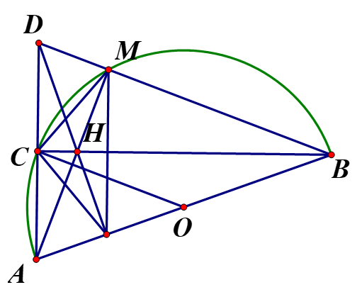 Cho nửa đường tròn (O), đường kính AB. Lấy M bất kỳ thuộc nửa đường tròn (ảnh 1)