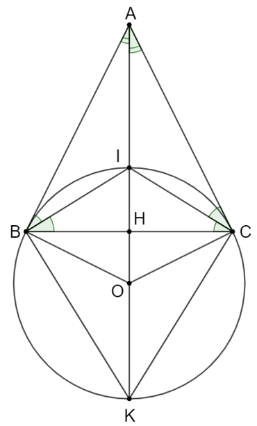 Cho tam giác ABC cân ở A. Gọi I là giao điểm các đường phân giác.  a) Xác định vị trí tương đối của đường thẳng AC với đường tròn (O) ngoại tiếp ∆BIC (ảnh 1)