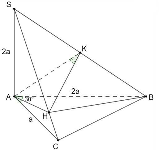 Cho hình chóp S.ABC có đường cao SA = 2a, tam giác ABC vuông ở C có AB = 2a, góc CAB = 30 độ. Gọi H là hình chiếu vuông của A trên SC. Tính theo a thể tích của khối chóp H.ABC. (ảnh 1)