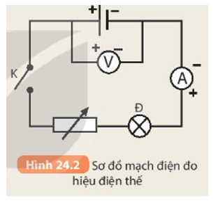 Chuẩn bị: một số nguồn điện (pin) 1,5 V; 3 V; 4,5 V; biến trở; ampe kế; vôn kế; bóng đèn 1,5 V; công tắc và dây nối. Tiến hành: - Lắp mạch điện như Hình 24.2, đóng công tắc, giữ nguyên vị trí con chạy của biến trở.   - Lần lượt thay các nguồn điện có ghi các giá trị hiệu điện thế khác nhau (1,5 V; 3 V; 4,5 V). - Đọc giá trị hiệu điện thế trên vôn kế. - Quan sát và ghi số chỉ trên ampe kế. - So sánh số chỉ trên ampe kế khi lần lượt lắp các nguồn điện 1,5 V; 3 V; 4,5 V vào mạch điện. Từ đó rút ra nhận xét về khả năng sinh ra dòng điện của từng nguồn điện nêu trên. (ảnh 1)