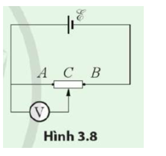 Cho mạch điện như Hình 3.8. Con chạy ở vị trí C, chia điện trở R thành R = RAC + RCB. (ảnh 1)