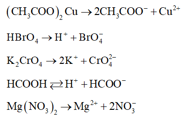 Viết phương trình điện li của các chất sau: (CH3COO)2Cu, HBrO4, K2CrO4, HCOOH, Mg(NO3)2? (ảnh 1)