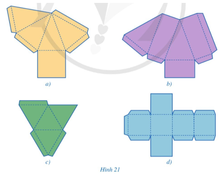 Trong các miếng bìa ở hình 21a, 21b, 21c, 21d, miếng bìa nào có thể gấp (theo các nét đứt) và dán lại để được hình chóp tam giác đều? Hình chóp tứ giác đều?   (ảnh 1)