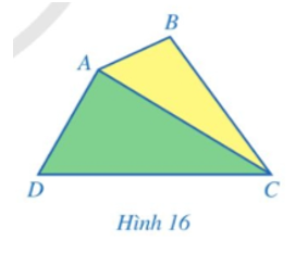 Quan sát tứ giác ABCD ở Hình 16, đường chéo AC chia nó thành hai tam giác ABC và ACD.  a) Gọi T1 và T2 lần lượt là tổng các góc của tam giác ABC và tam giác ACD. Tổng T1 + T2 bằng bao nhiêu độ?  (ảnh 1)