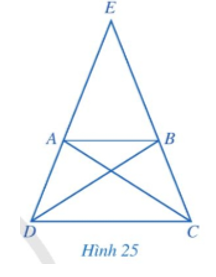 Cho hình thang cân ABCD có AB // CD, AB < CD, E là giao điểm của AD và BC (Hình 25).  a) So sánh các cặp góc: EDC  và ECD ;  EAB và EBA .  (ảnh 1)