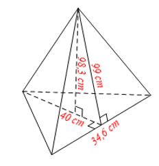 Tính diện tích xung quanh, diện tích toàn phần và thể tích của:  a) Hình chóp tam giác đều có chiều cao là 98,3 cm; tam giác đáy có độ dài cạnh là 40 cm  (ảnh 1)