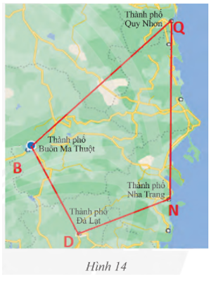 Trên bản đồ, tứ giác BDNQ với các đỉnh là các thành phố Buôn Ma Thuột, Đà Lạt, Nha Trang, Quy Nhơn.  a) Tìm các cạnh kề và cạnh đối của cạnh BD. (ảnh 1)