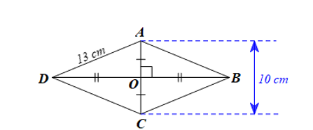 Cho hình thoi ABCD có cạnh bằng 13 cm, độ dài đường chéo AC là 10 cm. Độ dài đường chéo BD là  A. 24 cm.  B. 12 cm.  C. 16 cm. D. 20 cm. (ảnh 1)