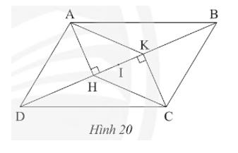 Cho hình bình hành ABCD, kẻ AH vuông góc với BD tại H và CK vuông góc với BD tại K (Hình 20).  a) Chứng minh tứ giác AHCK là hình bình hành.  (ảnh 1)
