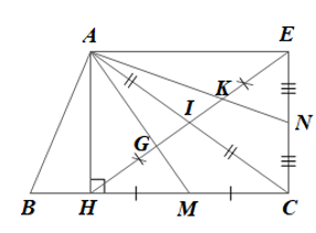 Cho tam giác ABC có đường cao AH. Gọi I là trung điểm của AC, E là điểm đối xứng với H qua I. Gọi M, N lần lượt là trung điểm của HC, C (ảnh 1)