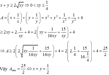 Cho hai số dương a, y thỏa mãn x + y = 1. Tìm giá trị nhỏ nhát của biểu thức A = x (ảnh 1)