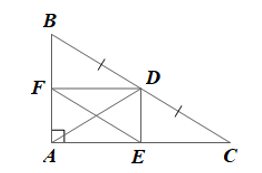 Cho tam giác ABC vuông tại A (AB < AC). Gọi D là trung điểm của BC. Vẽ DE // AB, vẽ DF // AC (E ∈ AC, F ∈ AB). Chứng minh rằng: (ảnh 1)