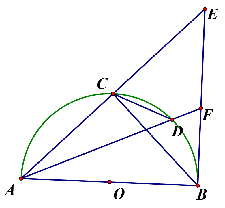 Cho nửa đường tròn (O) đường kính AB. Kẻ tiếp tuyến Bx với nửa đường tròn. Gọi C là (ảnh 1)