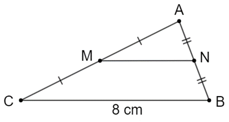 Tính độ dài MN trên hình vẽ. Xét tam giác ABC có: M là trung điểm của đoạn thẳng AB (AM  MC) N là trung điểm của đoạn thẳng AB (AN  NB) (ảnh 1)