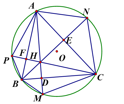 Cho tam giác ABC có ba góc nhọn nội tiếp đường tròn (O)  .Các đường cao AD, BE, CF cắt  nhau tại  H và cắt đường tròn (O)  lần lược tại (ảnh 1)