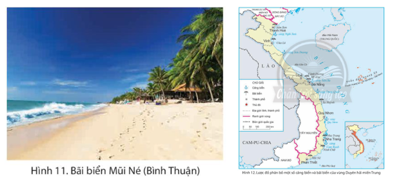 Quan sát hình 11, hình 12 và đọc thông tin, em hãy kể tên một số bãi biển ở vùng Duyên hải miền Trung. (ảnh 1)