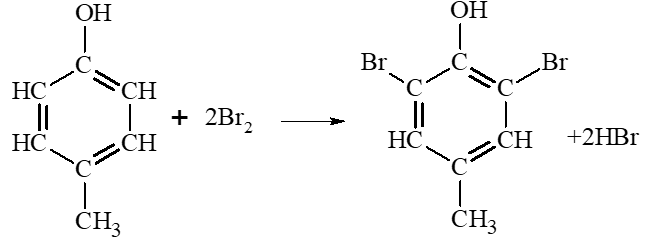 Viết phương trình hoá học của phản ứng xảy ra khi cho 4 – methylphenol tác dụng với nước bromine. (ảnh 1)