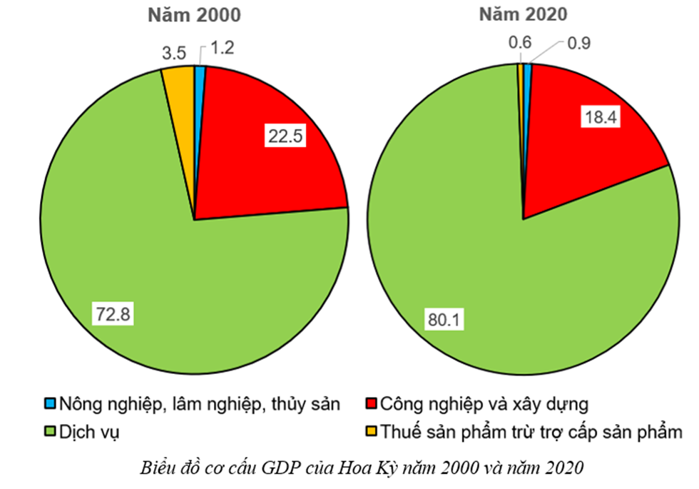 Dựa vào bảng 19.2, vẽ biểu đồ cơ cấu GDP của Hoa Kỳ năm 2000 và năm 2020 (ảnh 2)