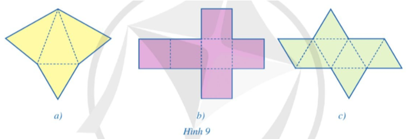 Trong các miếng bìa ở hình 9a, 9b, 9c, miếng bìa nào có thể gấp lại (theo các nét đứt) để được hình chóp tam giác đều?    (ảnh 1)