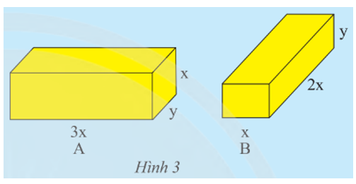 Cho hai hình hộp chữ nhật A và B có các kích thước như Hình 3.   a) Tính tổng thể tích của hình hộp chữ nhật A và B. (ảnh 1)
