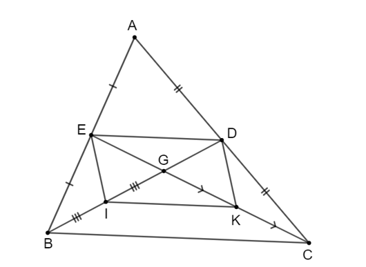 Cho tam giác ABC, các đường trung tuyến BD và CE cắt nhau tại G. Gọi I, K lần lượt  (ảnh 1)