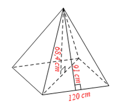 b) Hình chóp tứ giác đều có độ dài cạnh đáy là 120 cm, chiều cao là 68,4 cm, chiều cao mặt bên xuất phát từ đỉnh của hình chóp tứ giác đều là 91 cm.  (ảnh 1)