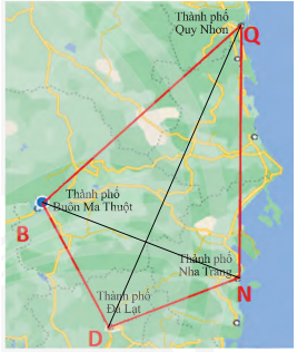 Trên bản đồ, tứ giác BDNQ với các đỉnh là các thành phố Buôn Ma Thuột, Đà Lạt, Nha Trang, Quy Nhơn.  a) Tìm các cạnh kề và cạnh đối của cạnh BD. (ảnh 2)