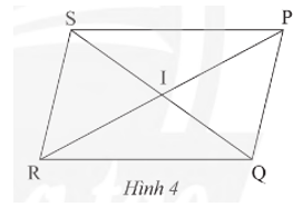 Cho hình bình hành PQRS với I là giao điểm của hai đường chéo (Hình 4). Hãy chỉ ra các đoạn thẳng bằng nhau và các góc bằng nhau có trong hình. (ảnh 1)
